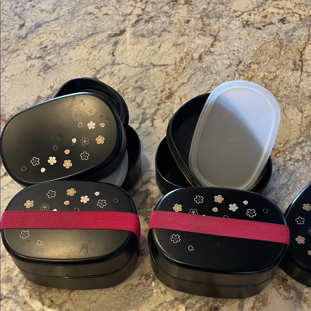 Black Floral Bento Boxes with Pink Strap